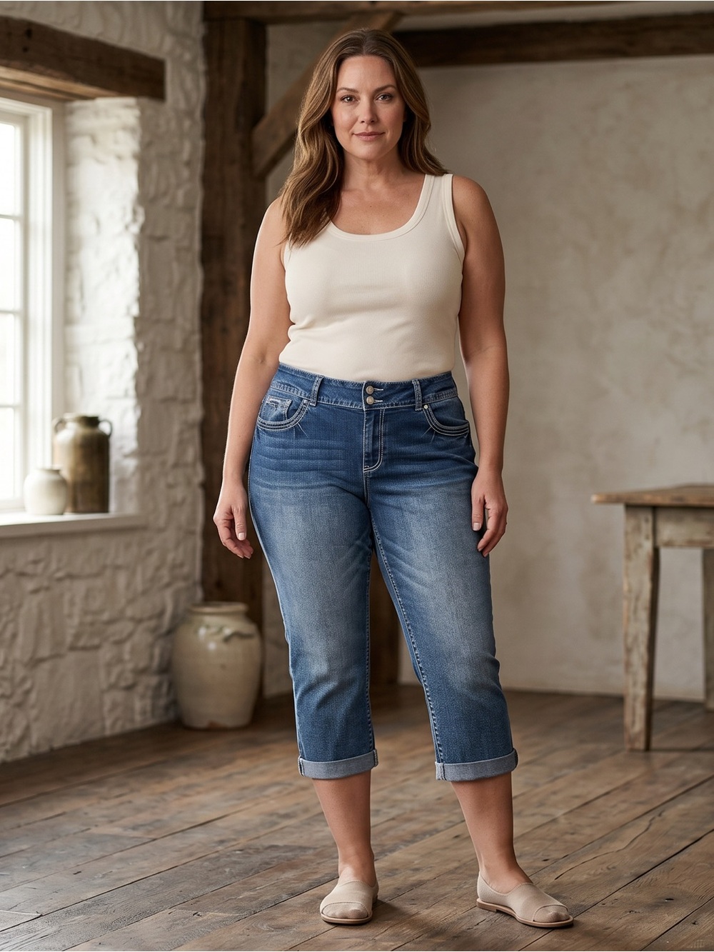 Women’s Mid-Blue Cropped Jeans with Comfort Stretch